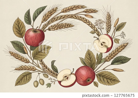 Vintage botanical illustration wreath featuring detailed apples wheat arranged perfect circle harvest festival aesthetic hand drawn European style muted earth tones sepia rendering 127765675