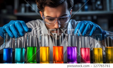 Scientist conducting experiment with colorful liquids in test tubes 127765781