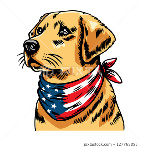 Dog wearing american flag bandana and sunglasses in american flag background, vector illustration for the 4th of July, independence day, memorial day, veterans day, freedom day, patriotism symbol 127765853