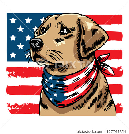 Dog wearing american flag bandana and sunglasses in american flag background, vector illustration for the 4th of July, independence day, memorial day, veterans day, freedom day, patriotism symbol 127765854
