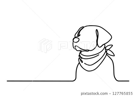 Continuous line drawing of cute dog wearing bandana. Simple minimalistic line drawing of cute dog 127765855