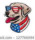 Dog wearing american flag bandana and sunglasses in american flag background, vector illustration for the 4th of July, independence day, memorial day, veterans day, freedom day, patriotism symbol 127766094