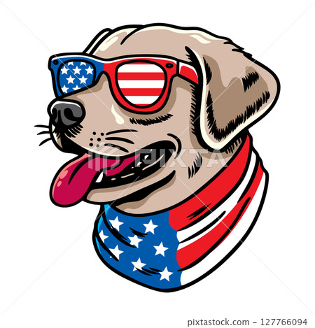 Dog wearing american flag bandana and sunglasses in american flag background, vector illustration for the 4th of July, independence day, memorial day, veterans day, freedom day, patriotism symbol 127766094