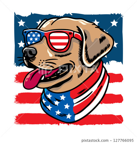 Dog wearing american flag bandana and sunglasses in american flag background, vector illustration for the 4th of July, independence day, memorial day, veterans day, freedom day, patriotism symbol Dog wearing american flag bandana and sunglasses in american flag background, vector illustration for the 4th of July, independence day, memorial day, veterans day, freedom day, patriotism symbol 127766095