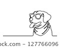 Continuous line drawing of cute dog wearing bandana. Simple minimalistic line drawing of cute dog 127766096