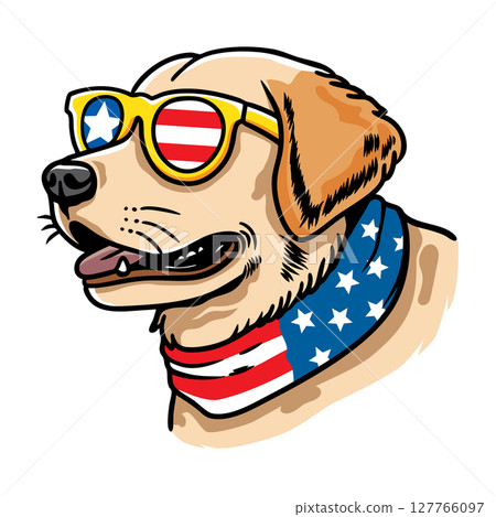 Dog wearing american flag bandana and sunglasses in american flag background, vector illustration for the 4th of July, independence day, memorial day, veterans day, freedom day, patriotism symbol Dog wearing american flag bandana and sunglasses in american flag background, vector illustration for the 4th of July, independence day, memorial day, veterans day, freedom day, patriotism symbol 127766097