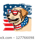 Dog wearing american flag bandana and sunglasses in american flag background, vector illustration for the 4th of July, independence day, memorial day, veterans day, freedom day, patriotism symbol 127766098