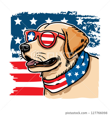 Dog wearing american flag bandana and sunglasses in american flag background, vector illustration for the 4th of July, independence day, memorial day, veterans day, freedom day, patriotism symbol 127766098