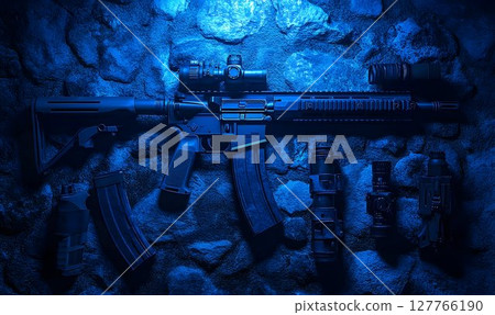 Detailed close up of rifle and tactical gear dark blue lighting rocky background 127766190