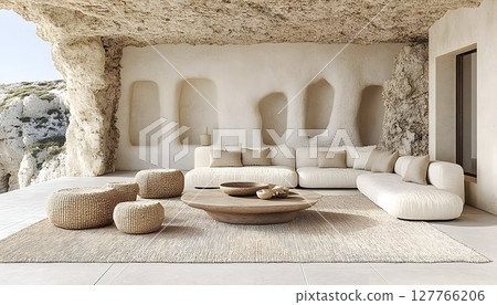 Beige outdoor furniture set on patio with cave like walls 127766206