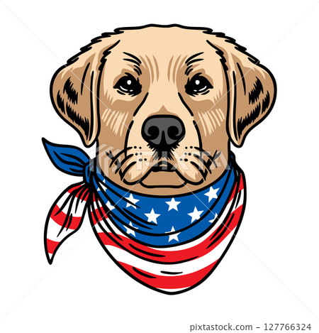 Dog wearing american flag bandana and sunglasses in american flag background, vector illustration for the 4th of July, independence day, memorial day, veterans day, freedom day, patriotism symbol 127766324
