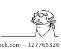 Continuous line drawing of cute dog wearing bandana. Simple minimalistic line drawing of cute dog 127766326