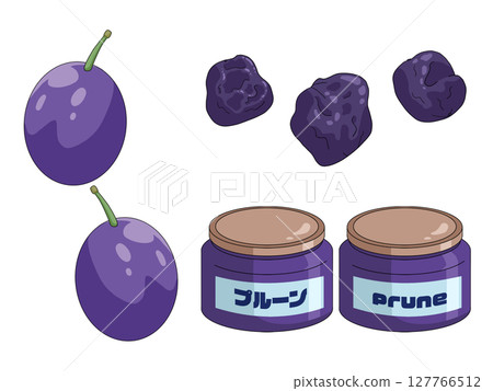 Illustration of fresh prunes, dried prunes and bottled prunes 127766512