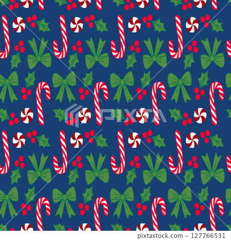 Christmas seamless pattern with classic candy canes, holly, and bows. Perfect for holiday textiles, wrapping paper and digital scrapbooking. 127766531