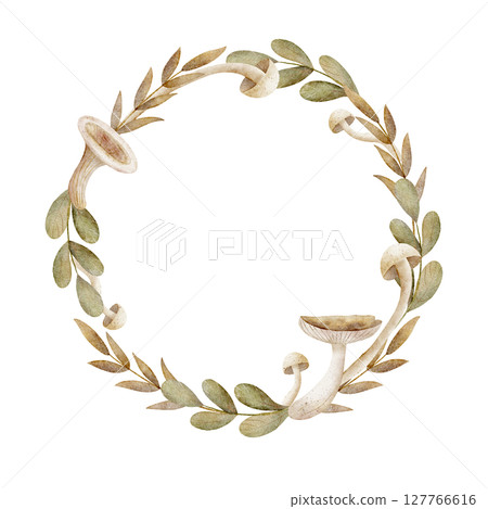 Wreath watercolor autumn mushrooms green leaves. Frame illustration hand drawn pastel color in children's style on isolated background. Template for invitation, greeting, postcard, packaging, holiday 127766616