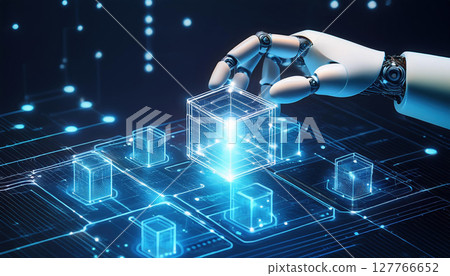 robotic hand interacts with glowing data blocks on digital interface, symbolizing automation and technology 127766652