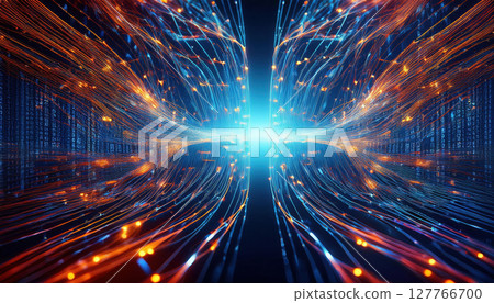 vibrant illustration of glowing binary code streams flowing through neural network, creating dynamic and energetic visual experience 127766700