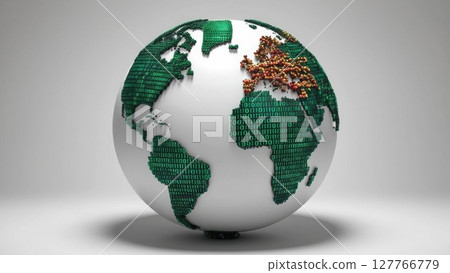 A stylized globe featuring green continents made of digital patterns, symbolizing technology and global connectivity. 127766779