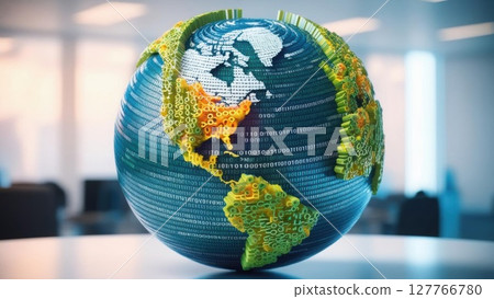 A vibrant, digital globe highlighting continents with a pixelated texture, symbolizing global connection and technology in a modern workspace. 127766780