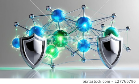 A digital illustration of shields protecting colorful molecular structures, symbolizing security in technology and data. 127766796
