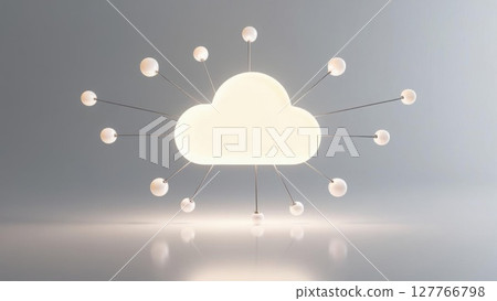 A stylized cloud icon surrounded by glowing spheres, symbolizing connectivity and digital technology in a modern design. 127766798