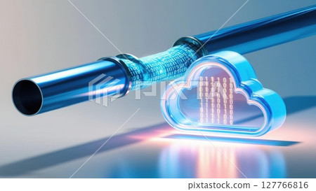 A metallic pipe connects to a glowing cloud symbol, representing data transfer and cloud computing technology. 127766816