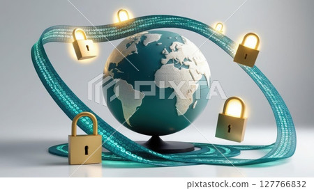 A globe surrounded by digital locks symbolizes global cybersecurity and data protection in a connected world. 127766832
