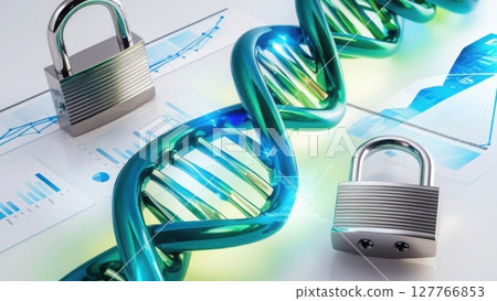 A digital representation of DNA entwined with padlocks, symbolizing security and protection of genetic data and information. 127766853