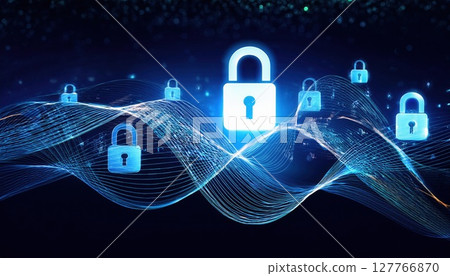 A digital representation of secure locks, symbolizing cybersecurity and data protection in a vibrant, flowing network of blue lights. 127766870