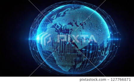 A digital representation of Earth in a futuristic, glowing, blue design with a network-like appearance, set against a dark background. 127766871