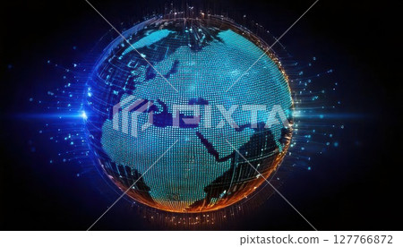 A digital representation of Earth featuring glowing elements and a network of data points, symbolizing technology and connectivity. 127766872