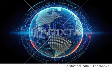 A vibrant digital globe surrounded by glowing lines, representing global connectivity and data flow in a technological context. 127766873