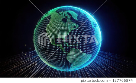 A digital globe represented with glowing green and blue lines, symbolizing technology and connectivity in a modern world. 127766874