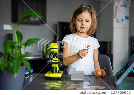 Little girl examining onion skin under a microscope. Concept of early science education and cell structure exploration 127766903