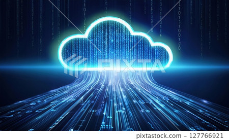 A glowing cloud icon surrounded by streams of binary code, representing data transfer and cloud computing technology. 127766921
