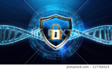 A digital shield with a lock symbolizes cybersecurity and DNA protection, highlighting the intersection of technology and data security. A digital shield with a lock symbolizes cybersecurity and DNA protection, highlighting the intersection of technology and data security. 127766924