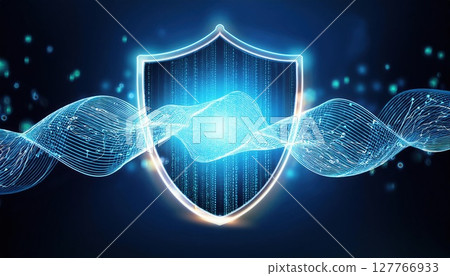 A glowing digital shield symbolizes cybersecurity, surrounded by dynamic data waves, representing protection and technology. 127766933