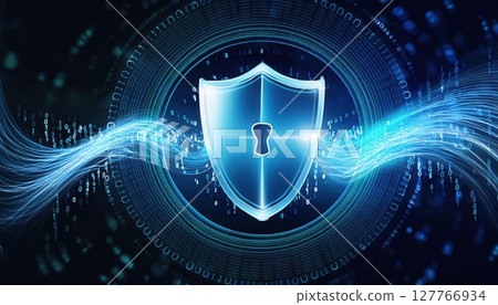 A digital shield symbolizing cybersecurity, featuring a keyhole, surrounded by flowing binary data. 127766934