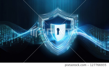 A high-tech shield with a lock symbolizes cybersecurity, representing protection against digital threats and data breaches in a modern, digital landscape. 127766935