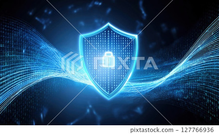 A glowing shield icon with a padlock symbolizes digital security, surrounded by flowing data streams in a dark background. 127766936