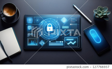 A digital workspace featuring a tablet with security graphics, a smartphone, a notebook, a pen, a coffee cup, and a succulent plant. 127766937