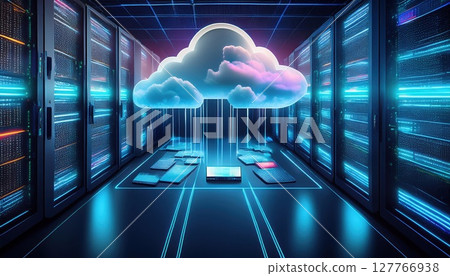 A futuristic data center with glowing servers and a digital cloud symbolizing cloud computing and data storage. 127766938