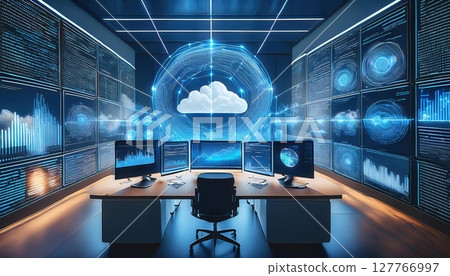 A modern digital workspace featuring multiple screens, data visualizations, and a cloud symbol, emphasizing technology and data analysis. 127766997