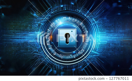 A visually striking digital lock symbol surrounded by a futuristic blue circuit design, representing cybersecurity and data protection. 127767011