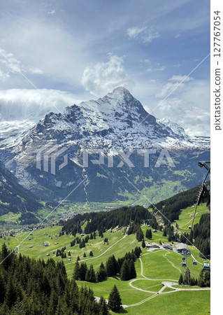 Switzerland landscape stunning mountain view features snow covered peaks green valleys under Swiss of picturesque landscape 127767054