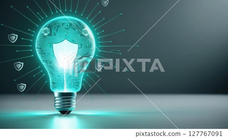 A glowing light bulb with a shield design, symbolizing innovation, security, and technology in a modern digital context. 127767091