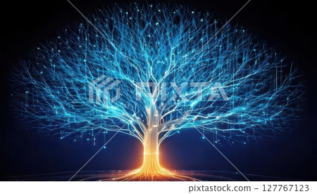A glowing digital tree with intricate blue branches and a warm orange base, symbolizing growth, technology, and connection in a dark background. 127767123