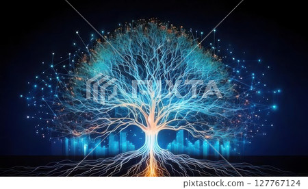 A vibrant, digital tree with glowing branches and roots, symbolizing connectivity and life in a futuristic setting. 127767124