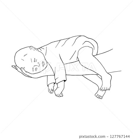 Newborn baby lying on arm. Small child with eyes closed lies on hand of father or mother. Black graphic illustration. Paternity concept or Motherhood. Vector infant for postcard, parenting's articles 127767144