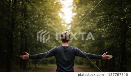 一名男子站在森林裡，張開雙臂的背影 127767246